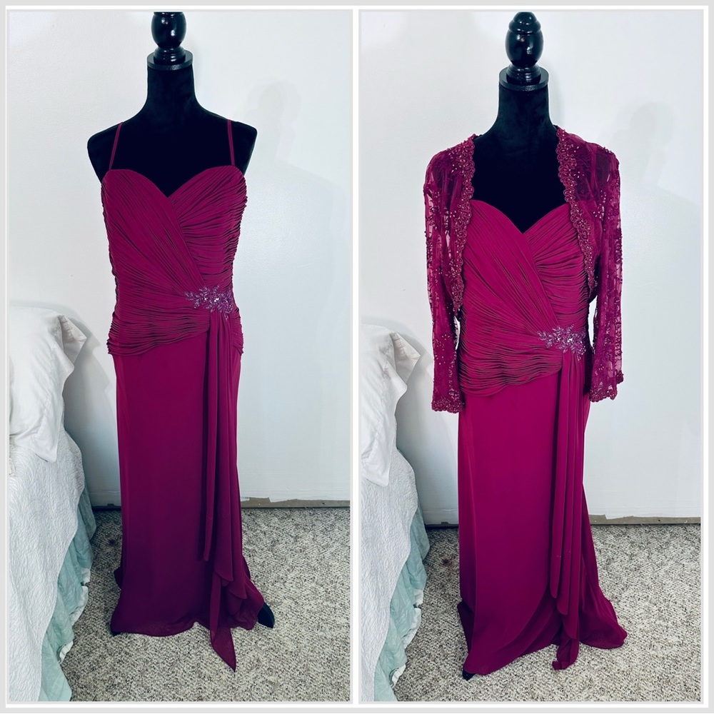 Chiffon Evening Gown with Beaded Lace Jacket (Deep Mulberry, Size 12-14)